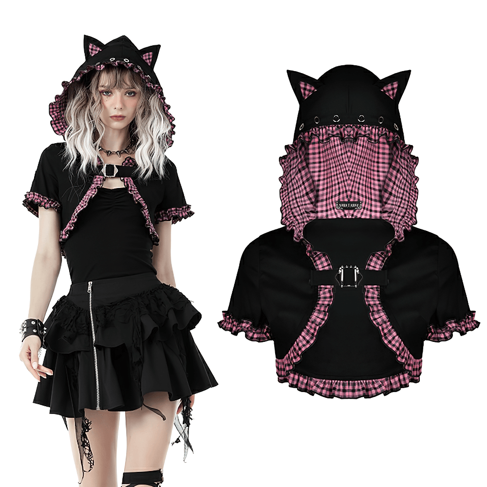 Gothic black cat ear crop top with pink plaid ruffled hood worn by a model, perfect for punk rock style.