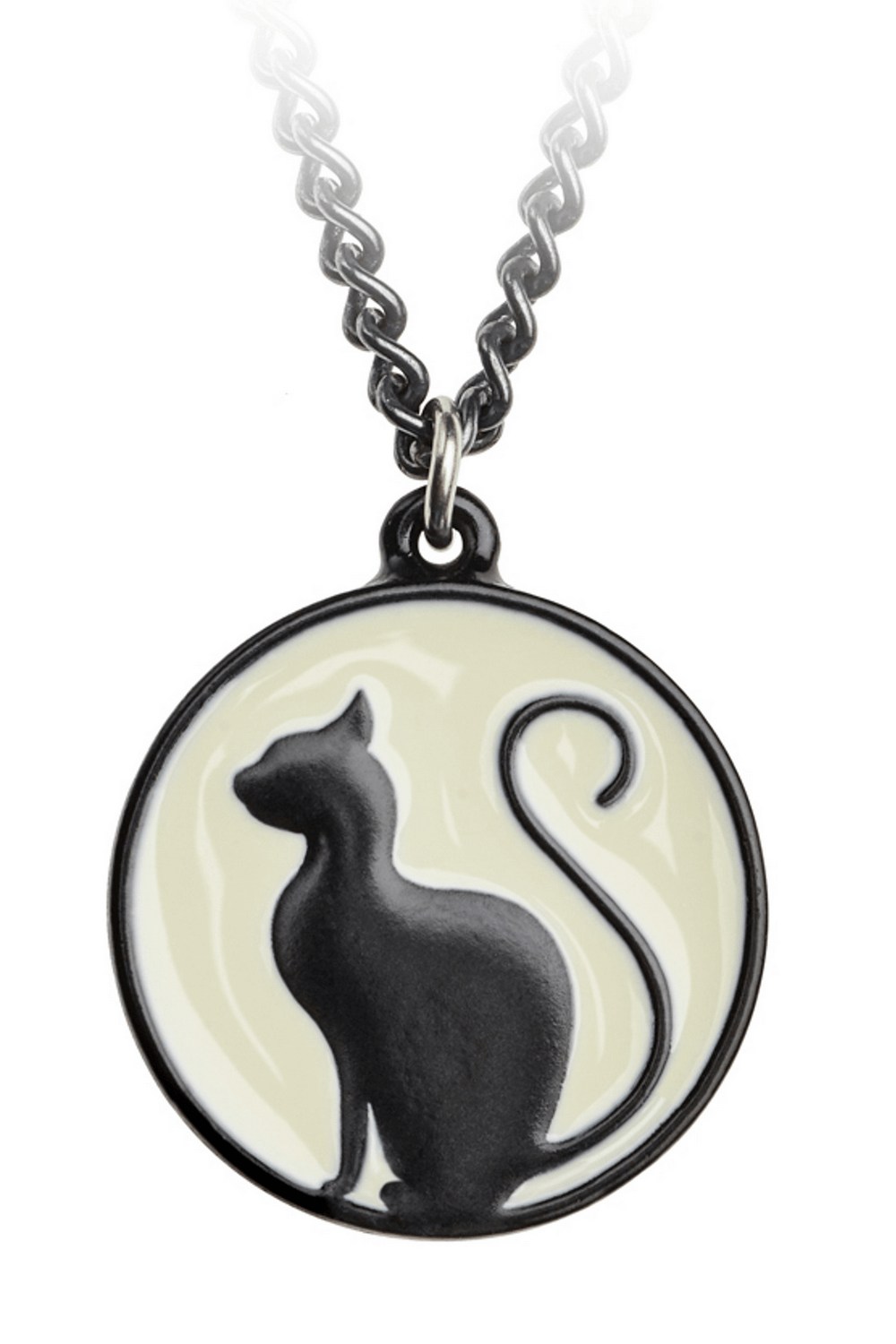 Gothic Black Cat Pendant with Moonlight Design features a black cat silhouette against an enamel moon disc, perfect for feline lovers.