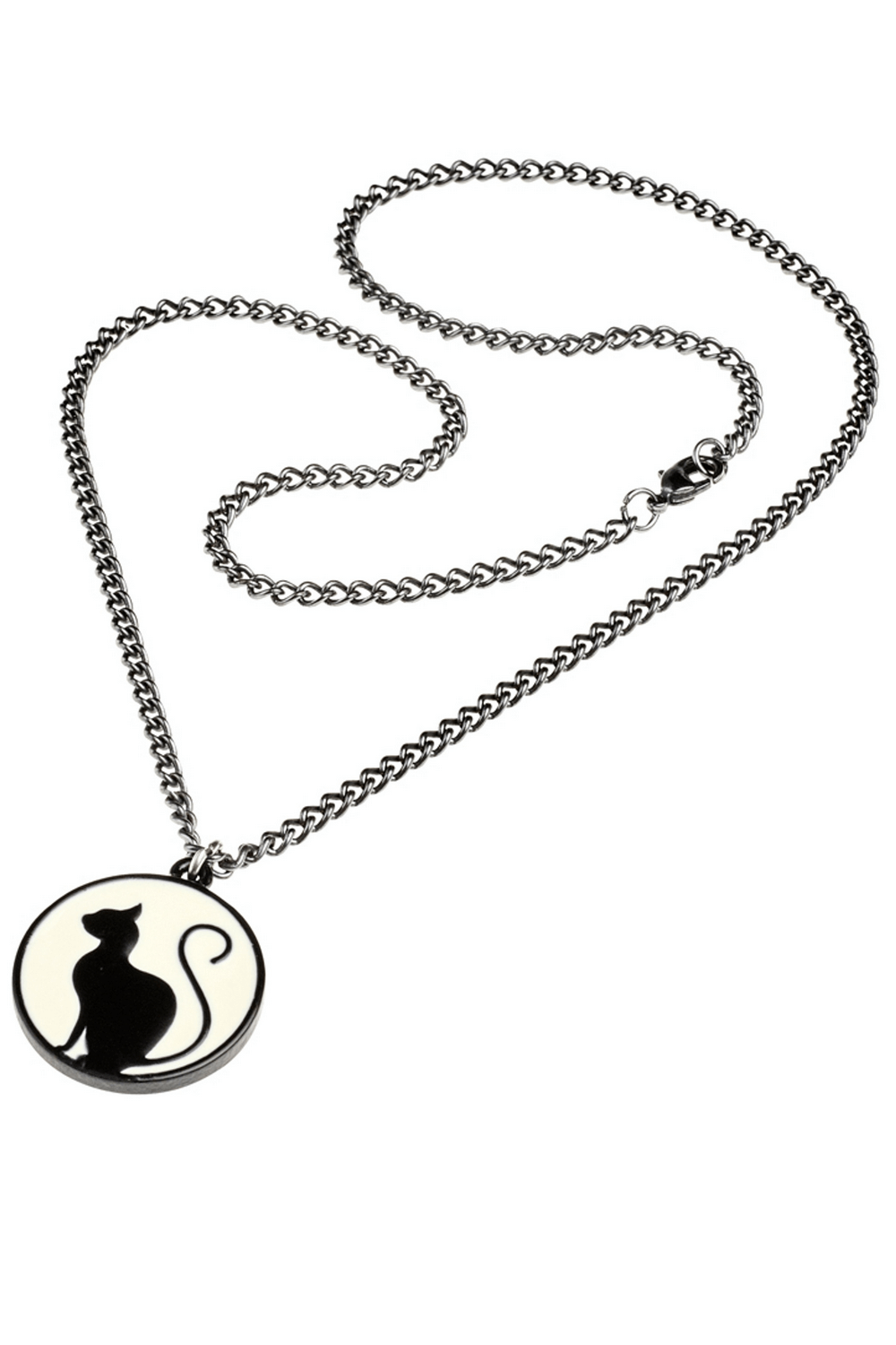Gothic Black Cat Pendant with Moonlight Design featuring a pewter silhouette cat on a cream enamel moon disc.