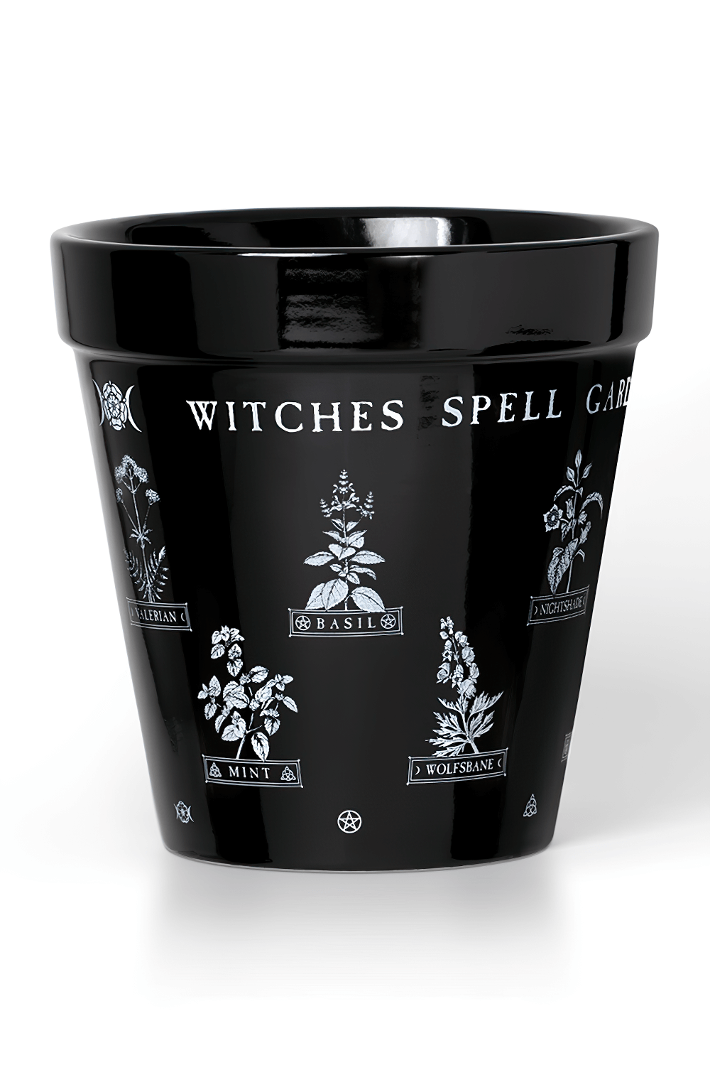 Gothic black ceramic witches spell garden pot featuring herbs like Basil, Mint, and Wolfsbane for green witches.