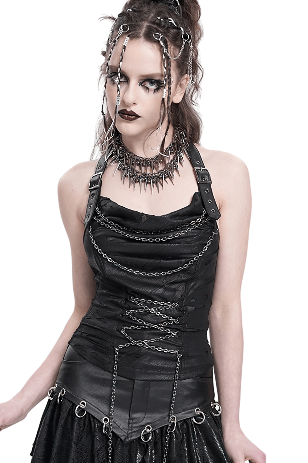 Gothic black halter top with chains, lace-up design, and adjustable straps for an edgy punk look.