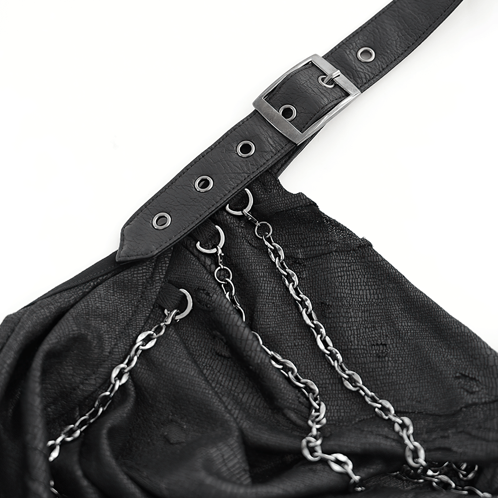 Close-up of a gothic black halter top featuring chains and adjustable buckle straps.