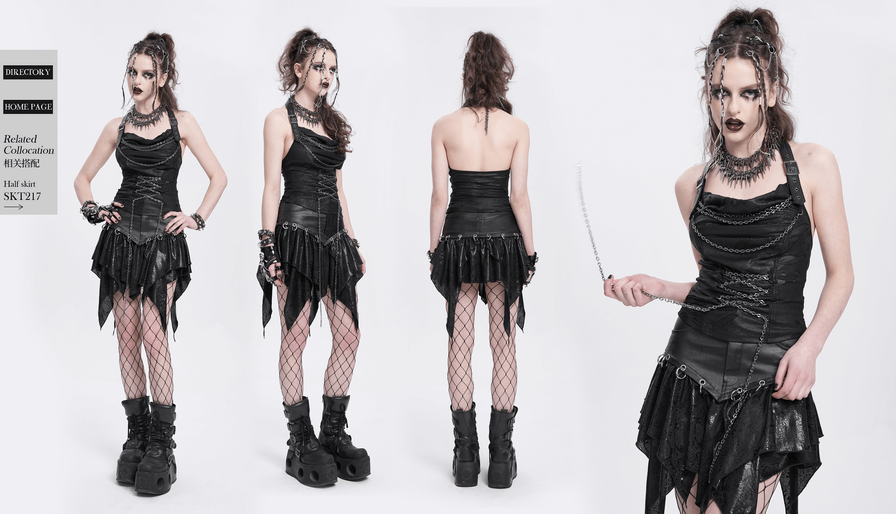 Gothic black halter top with chains, lace-up design, and adjustable straps, perfect for punk and alternative fashion.