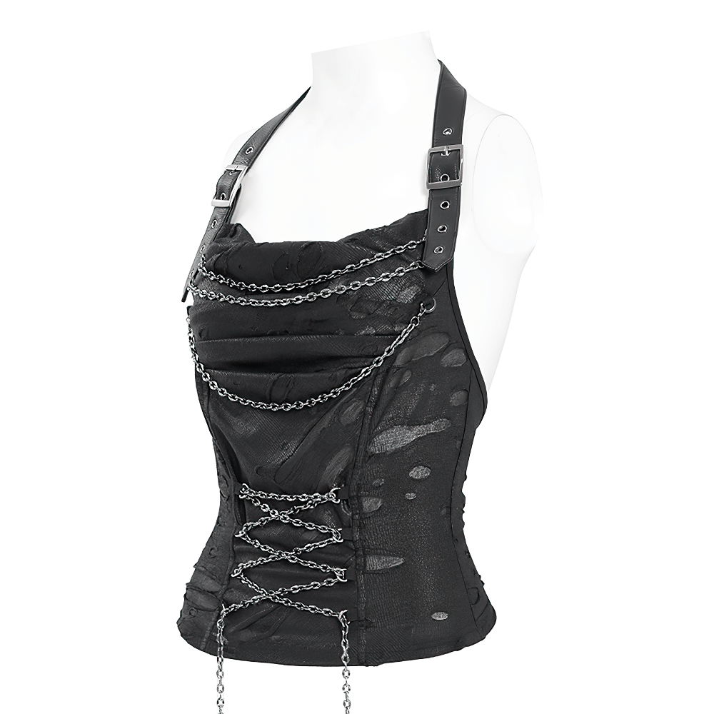 Edgy gothic black halter top with chain embellishments and adjustable straps for alternative fashion.
