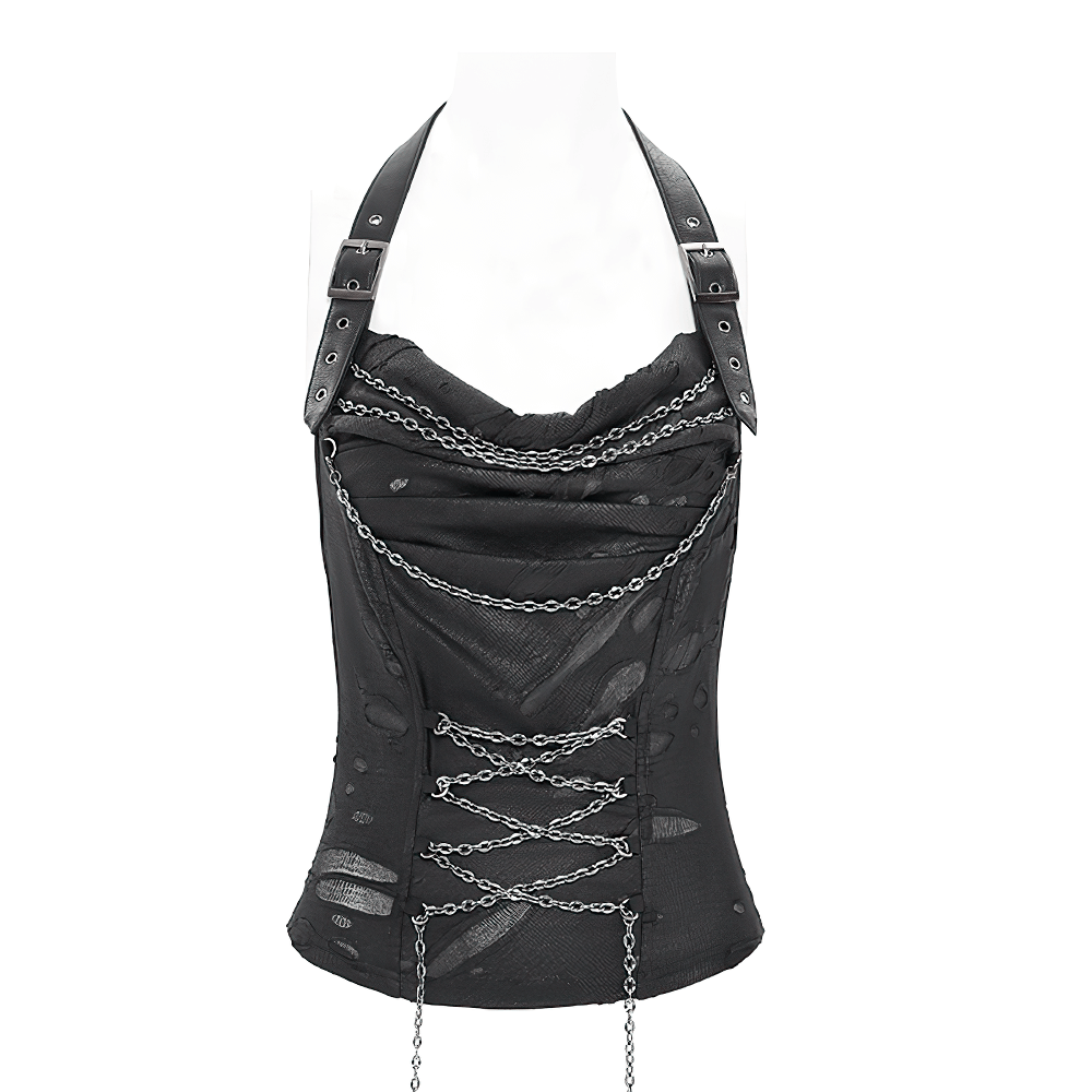 Gothic black halter top with chain details and adjustable straps, perfect for edgy alternative fashion.