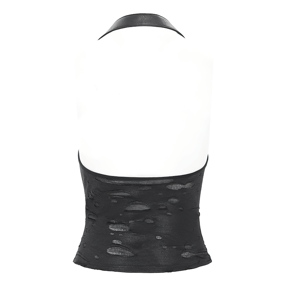 Back view of Gothic black halter top with distressed fabric and sleek collar, showcasing adjustable fit and edgy style.