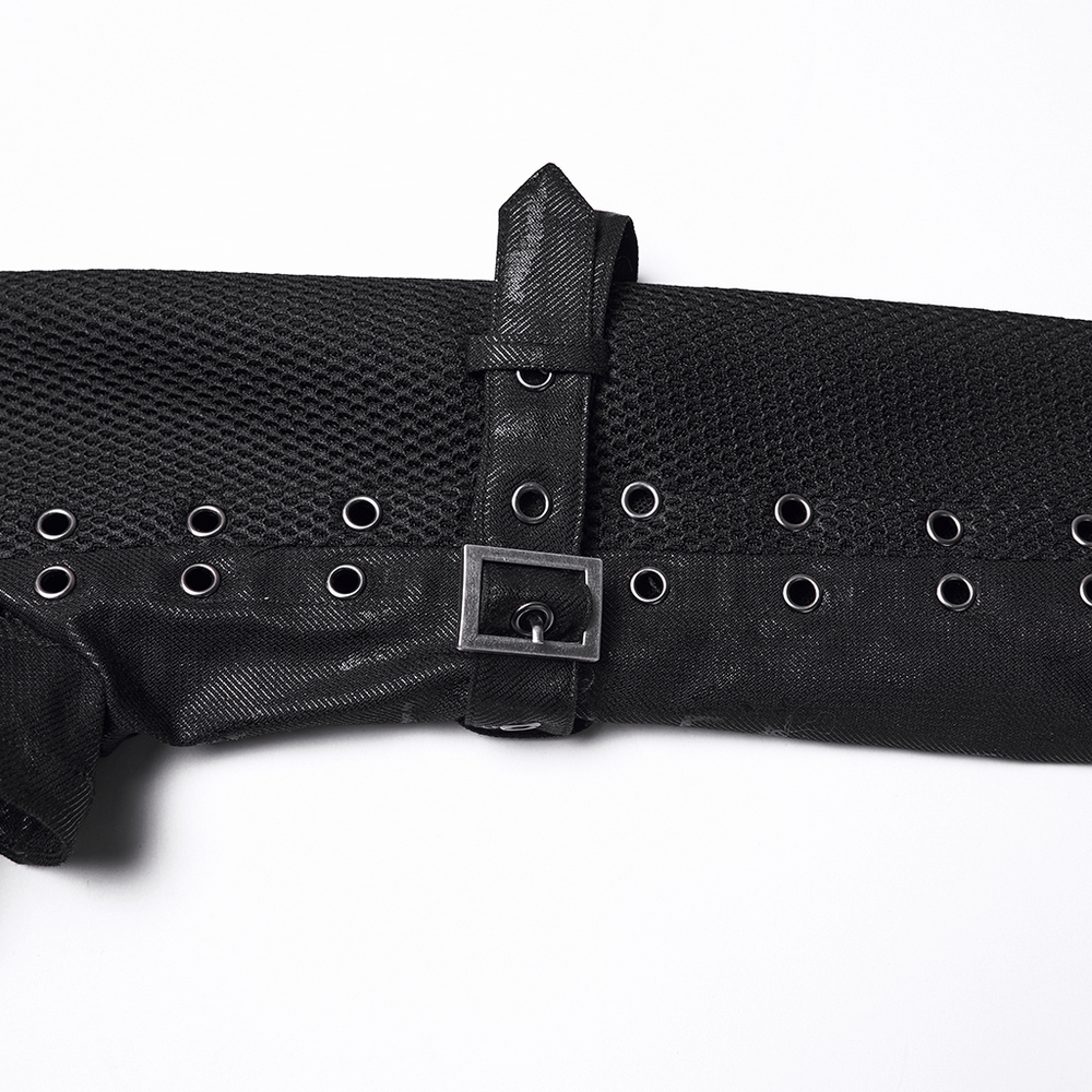 Gothic Black Chain Shrug Cropped Jacket with Punk Lace-Up featuring mesh and belt detail.
