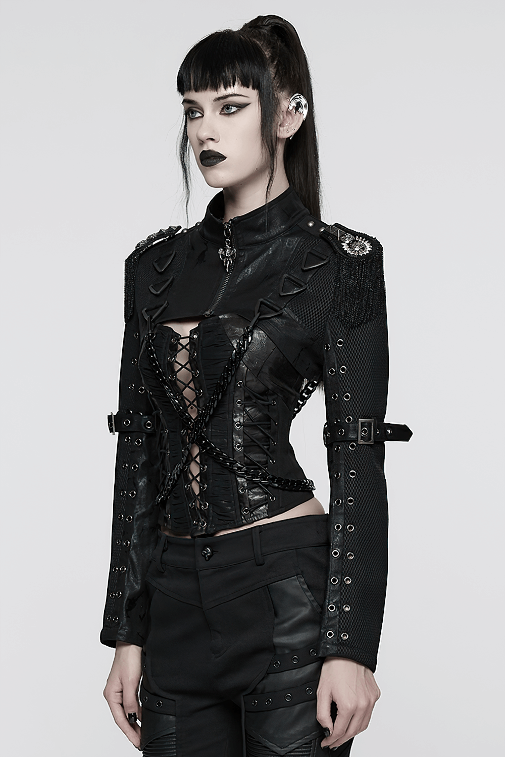 Gothic Black Chain Shrug Cropped Jacket with Punk Lace-Up displayed on a model, showcasing its edgy design.