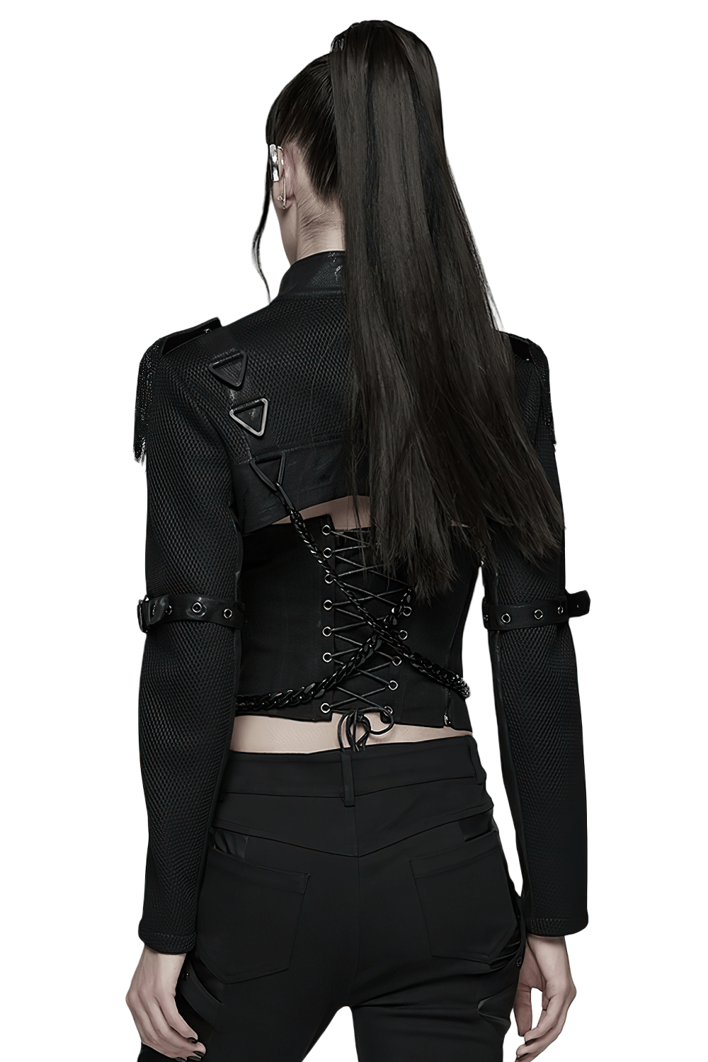Gothic Black Chain Shrug Cropped Jacket with Punk Lace-Up back view showcasing lace-up design and edgy details.