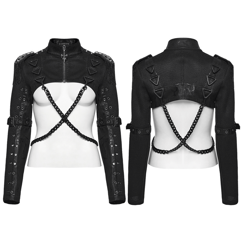 Gothic Black Chain Shrug Cropped Jacket with Punk Lace-Up featuring mesh and chains for an edgy look.