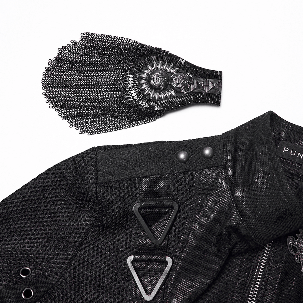 Gothic Black Chain Shrug Cropped Jacket with Punk Lace-Up featuring metal accents and textured fabric.