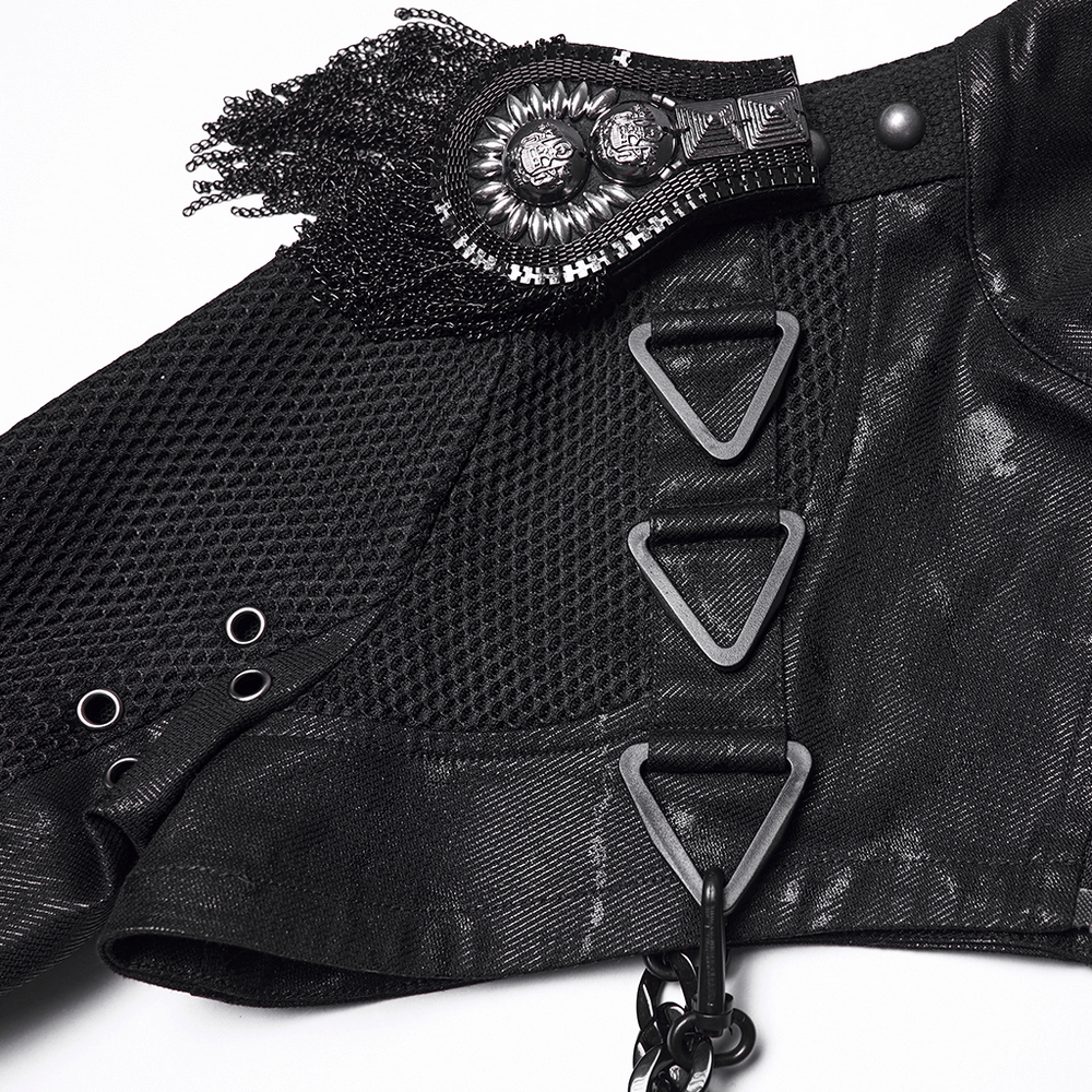 Gothic Black Chain Shrug Cropped Jacket with Punk Lace-Up close-up showing mesh and chain details.