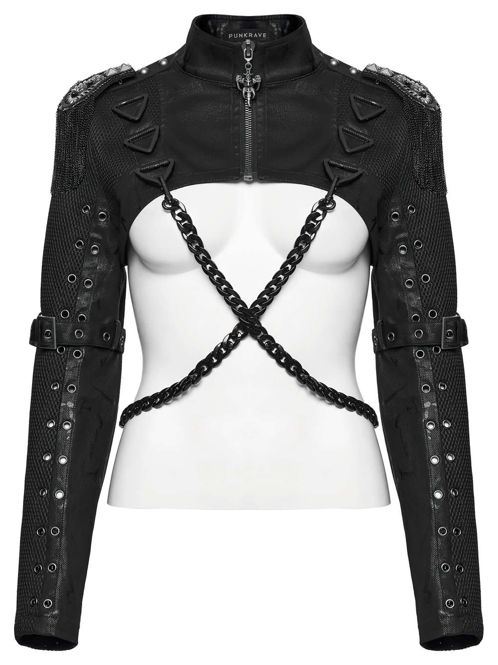Gothic Black Chain Shrug Cropped Jacket with Punk Lace-Up featuring chains and shoulder straps.