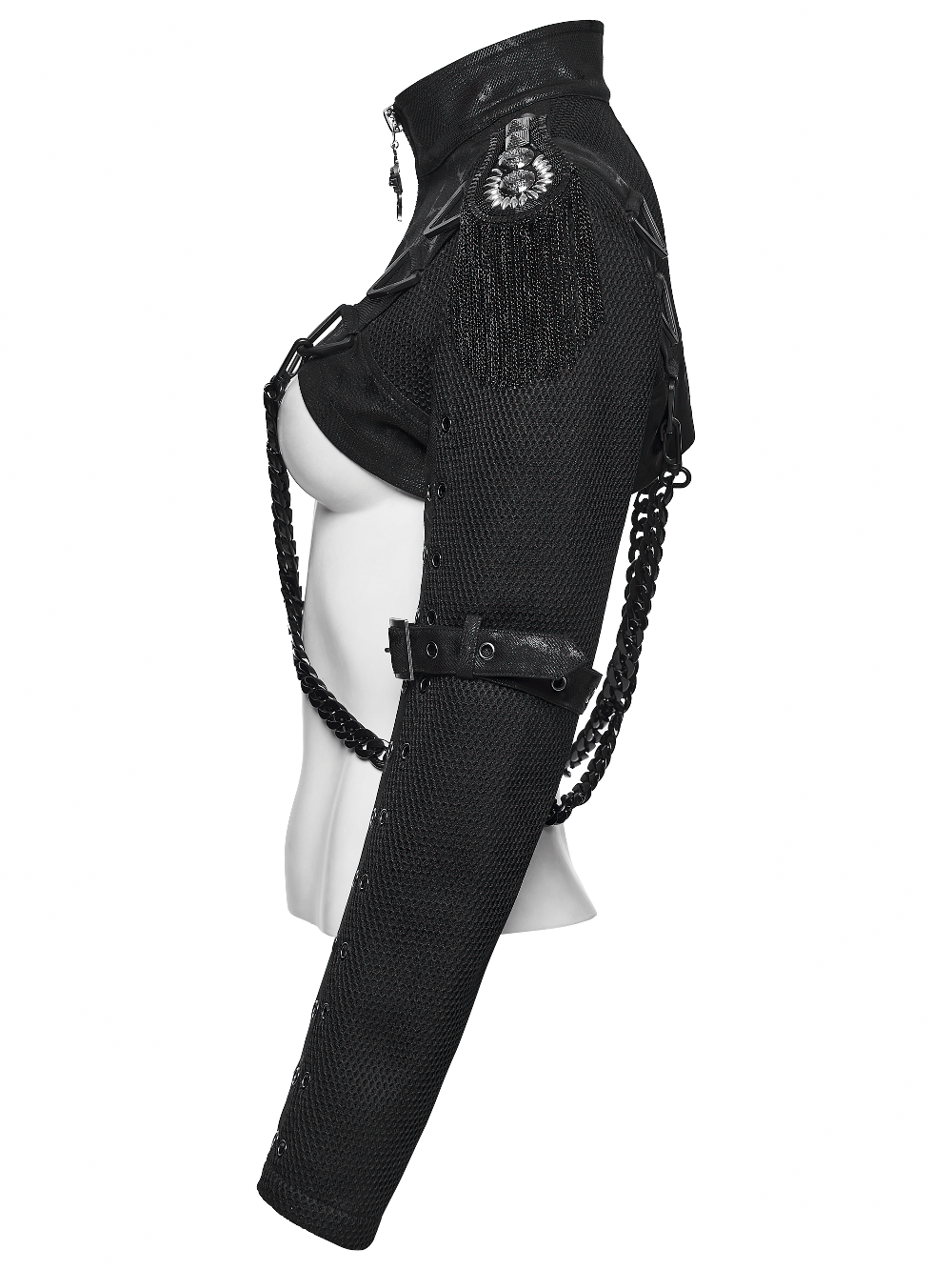 Gothic Black Chain Shrug Cropped Jacket with Punk Lace-Up showcasing a fierce side view with chains and shoulder straps.