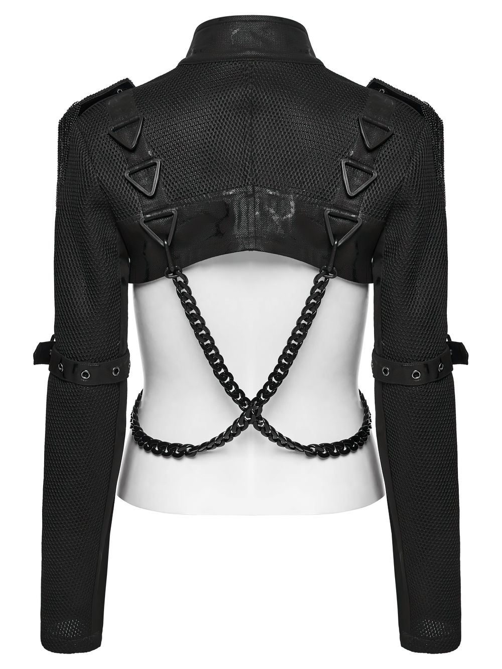 Gothic Black Chain Shrug Cropped Jacket with Punk Lace-Up showcasing bold chains and edgy design.