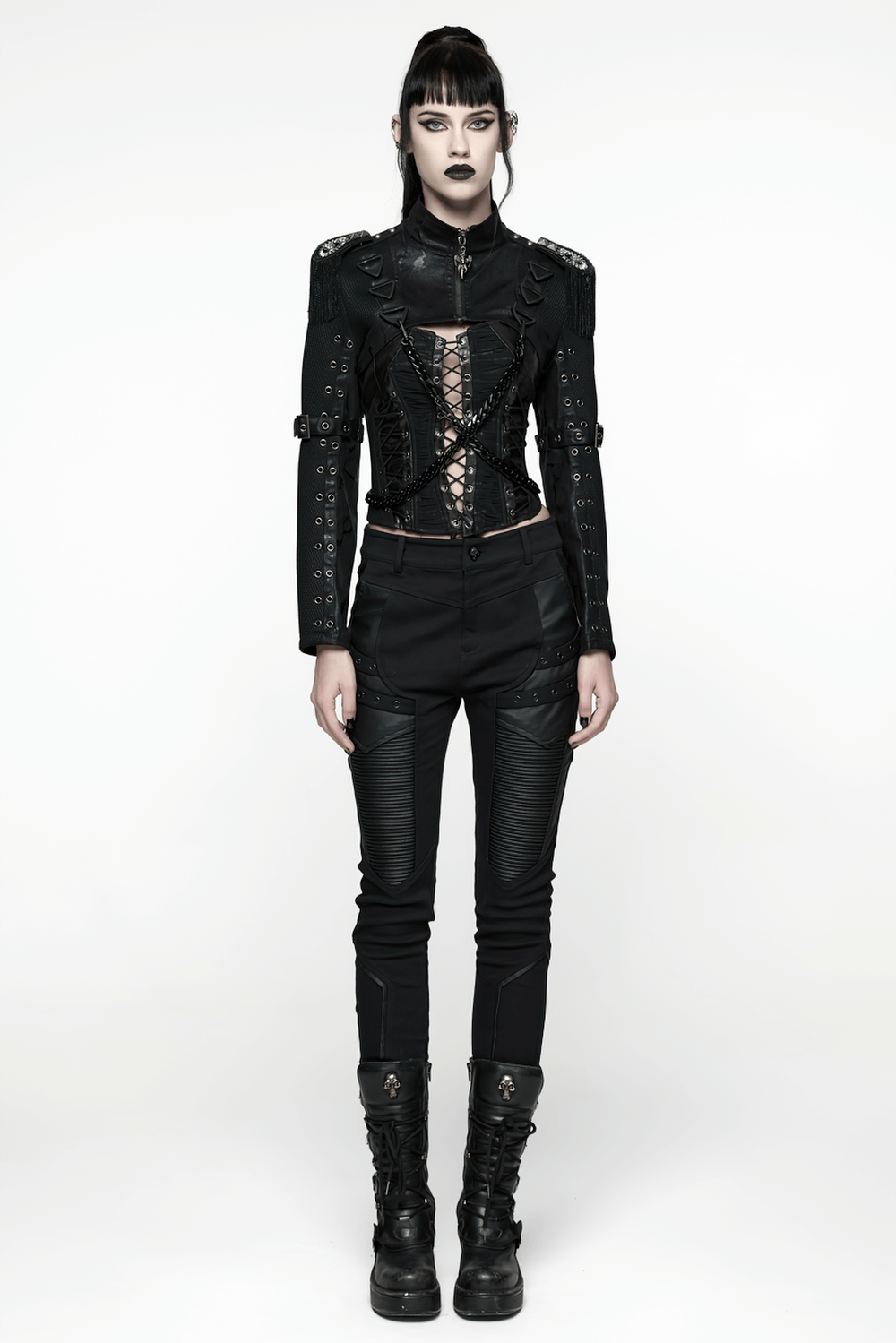 Gothic Black Chain Shrug Cropped Jacket with Punk Lace-Up worn by a model, showcasing punk style with lace-up accents.