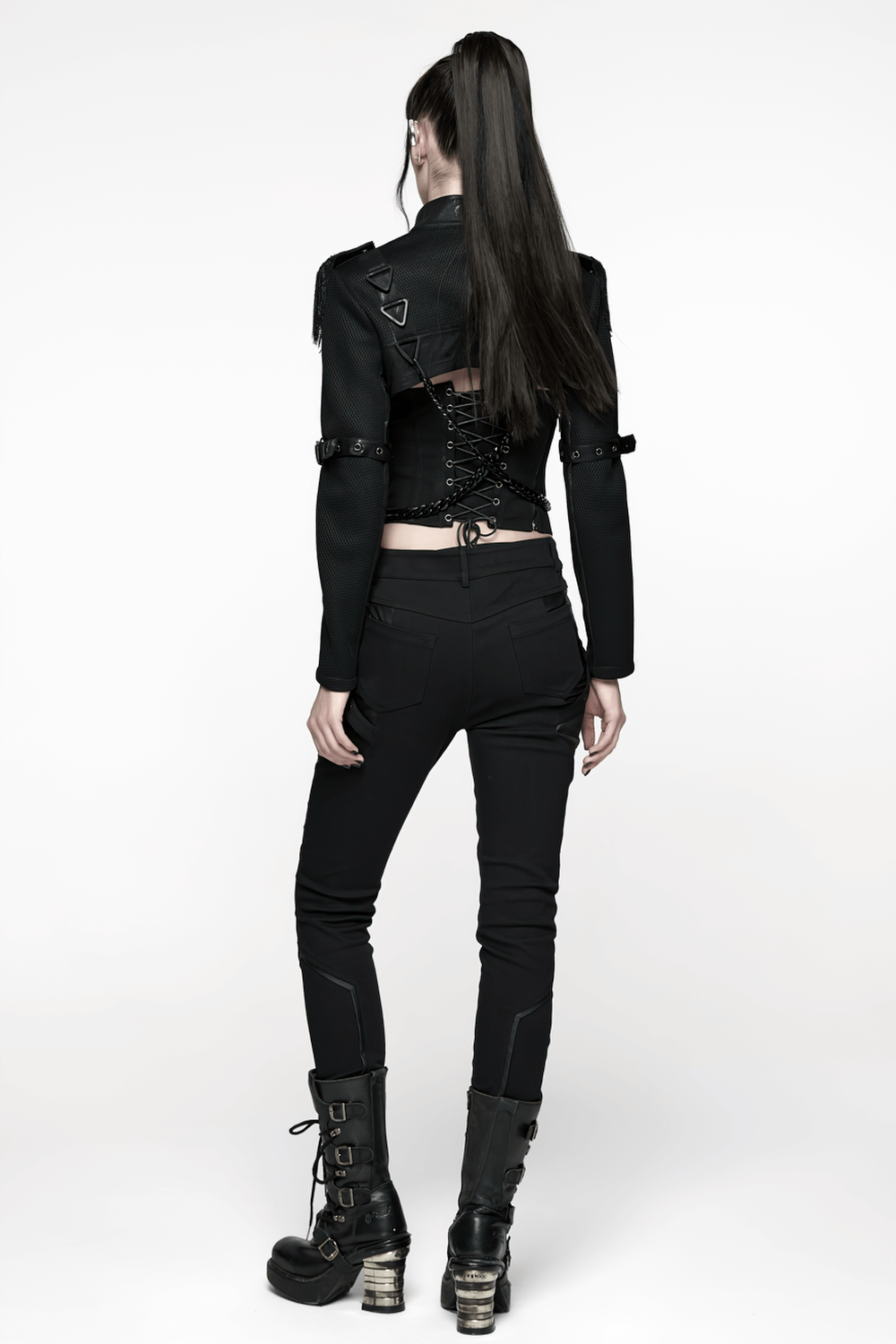 Gothic Black Chain Shrug Cropped Jacket with Punk Lace-Up shown from the back, featuring lace-up details and edgy design.