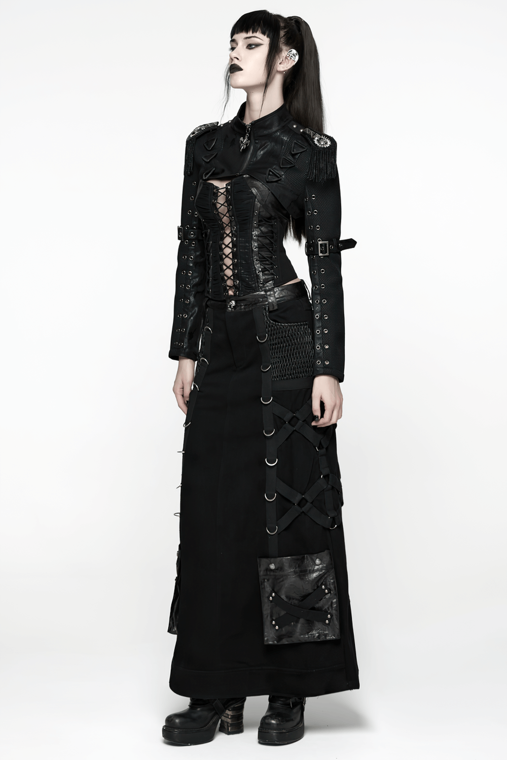 Gothic Black Chain Shrug Cropped Jacket with Punk Lace-Up showcased in a fierce punk outfit.