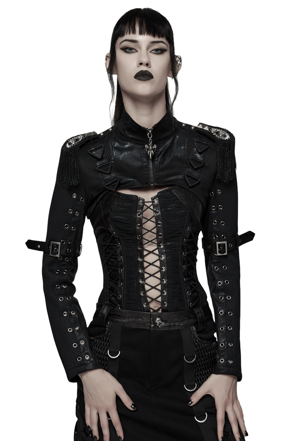 Gothic Black Chain Shrug Cropped Jacket with Punk Lace-Up showcasing a bold punk aesthetic and fierce design.
