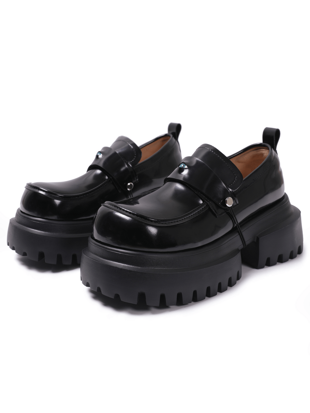 Gothic Black Chunky Platform Loafers with Eye Detail black patent slip-on shoes with blue eye strap and lug sole