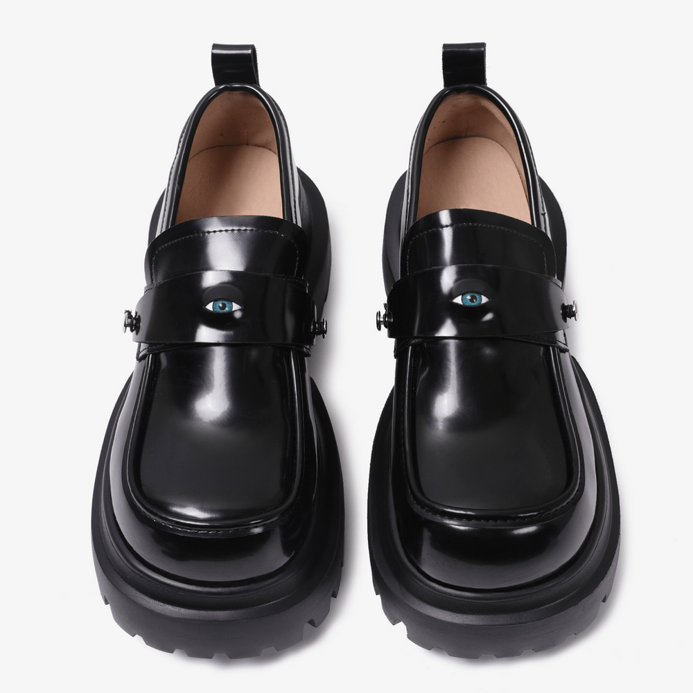 Gothic Black Chunky Platform Loafers with Eye Detail, glossy black punk slip-on shoes with lug soles and silver studs