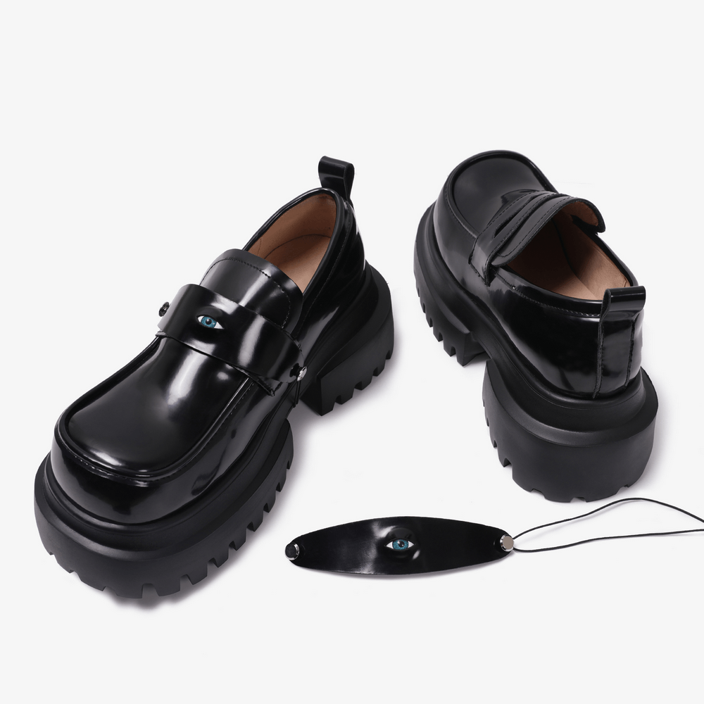 Gothic Black Chunky Platform Loafers with Eye Detail, glossy black punk grunge slip-on lug sole shoes with blue eye strap