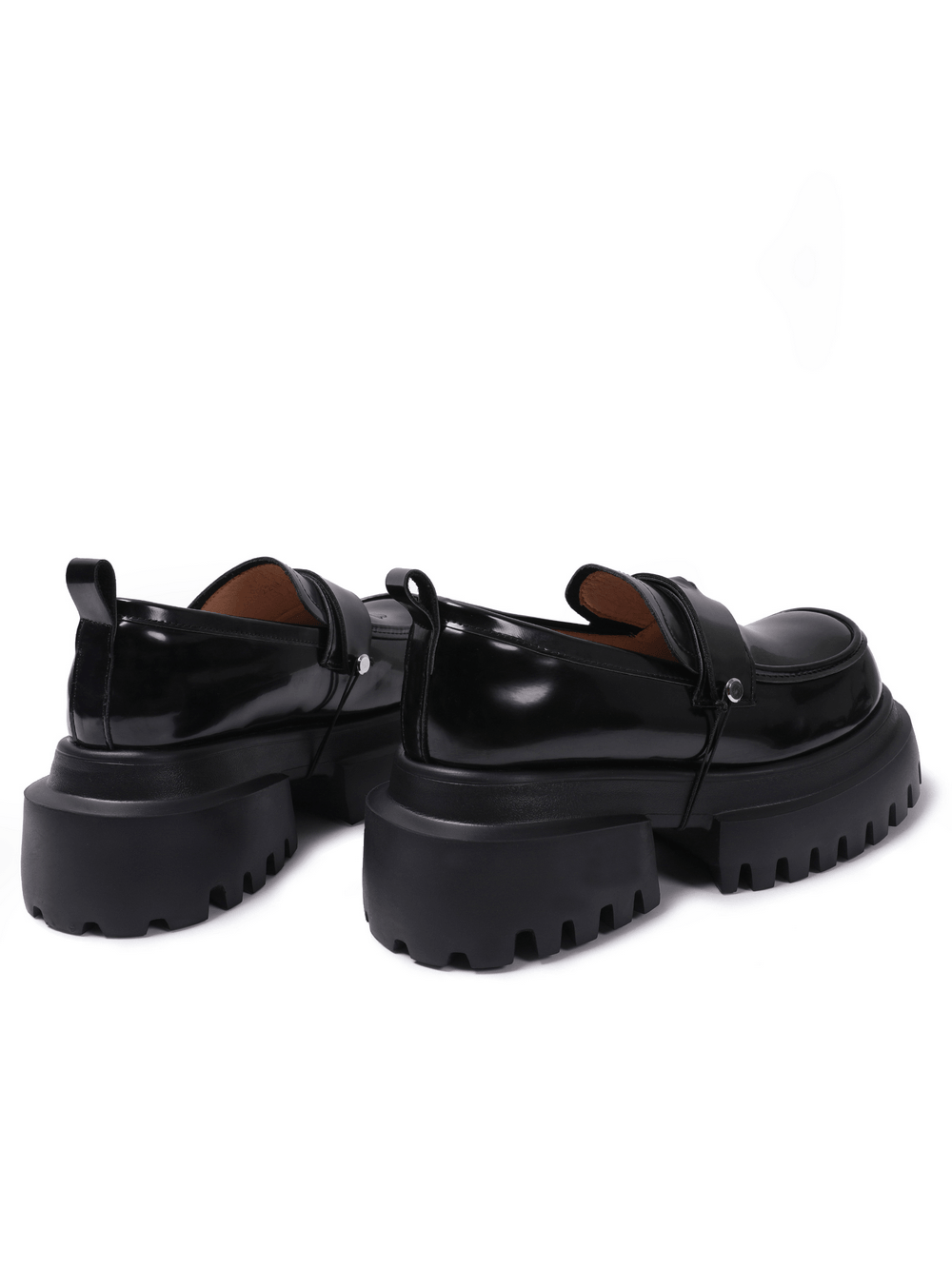 Gothic Black Chunky Platform Loafers with Eye Detail, glossy punk grunge slip-on shoes with lug soles