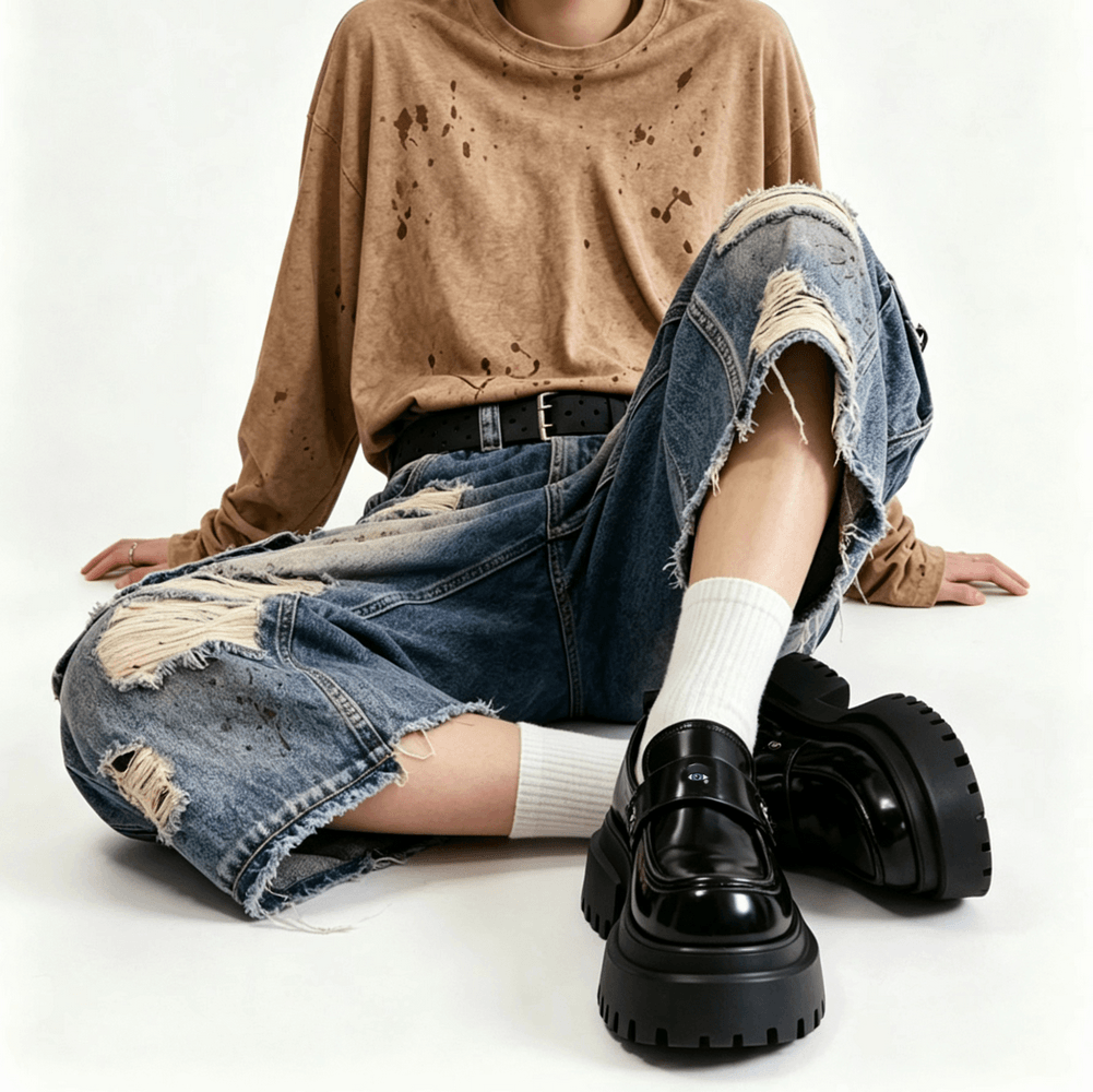 Gothic Black Chunky Platform Loafers with Eye Detail, glossy punk grunge slip-on shoes with eye strap and lug sole