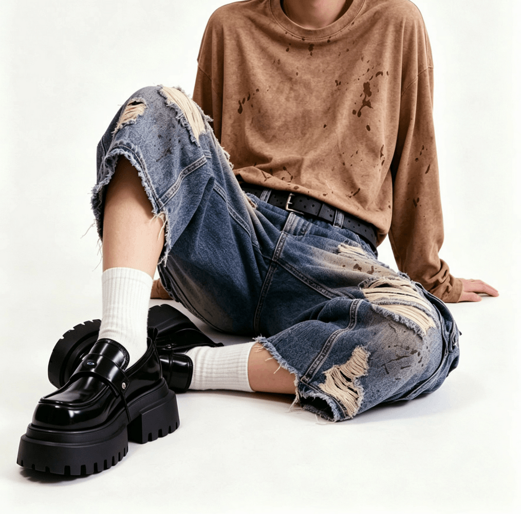 Gothic Black Chunky Platform Loafers with Eye Detail, glossy slip-on punk grunge shoes with lug sole