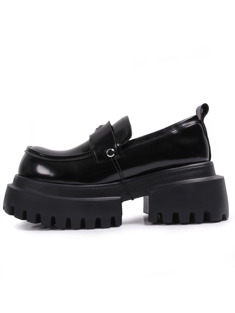 Gothic Black Chunky Platform Loafers with Eye Detail, glossy punk grunge slip-on shoes with lug soles