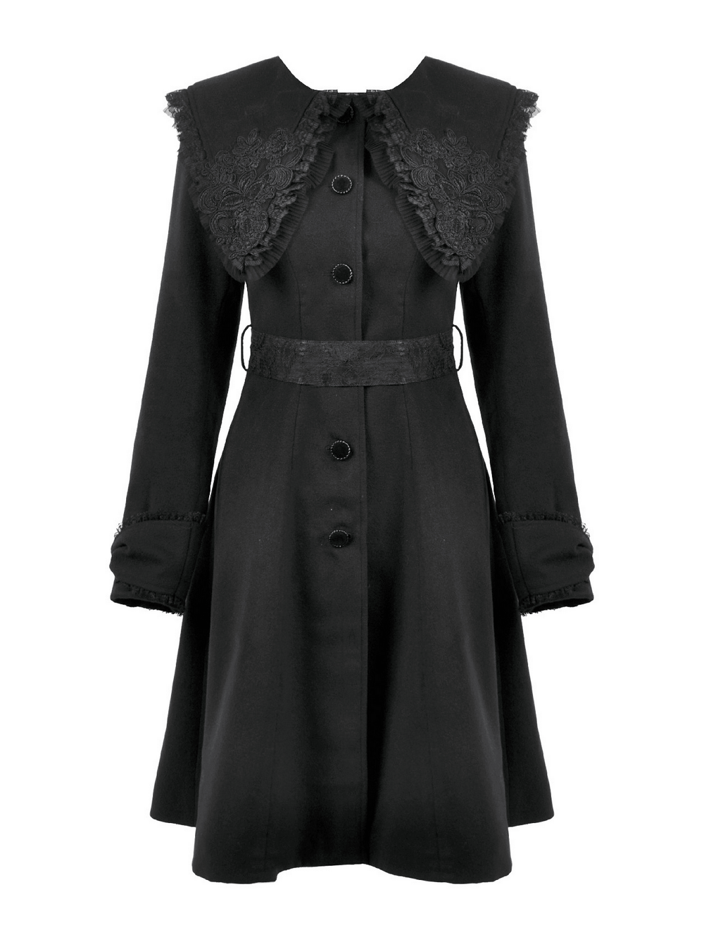 Gothic Black Coat with Lace Collar and Bow Detail featuring intricate lace cape collar and flared silhouette.