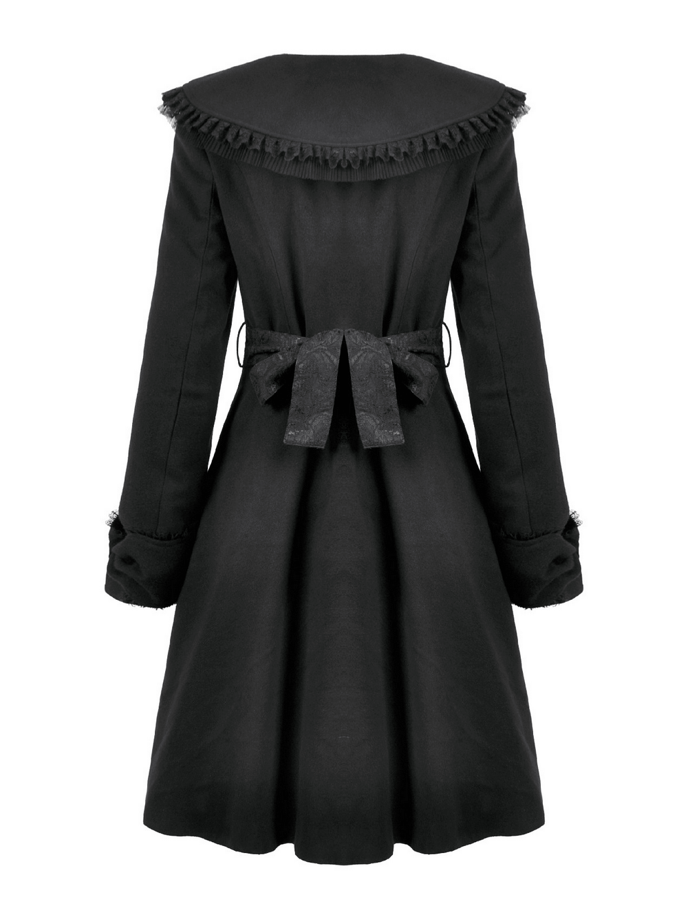 Gothic Black Coat with Lace Collar and Bow Detail featuring a flared silhouette and decorative back bow.