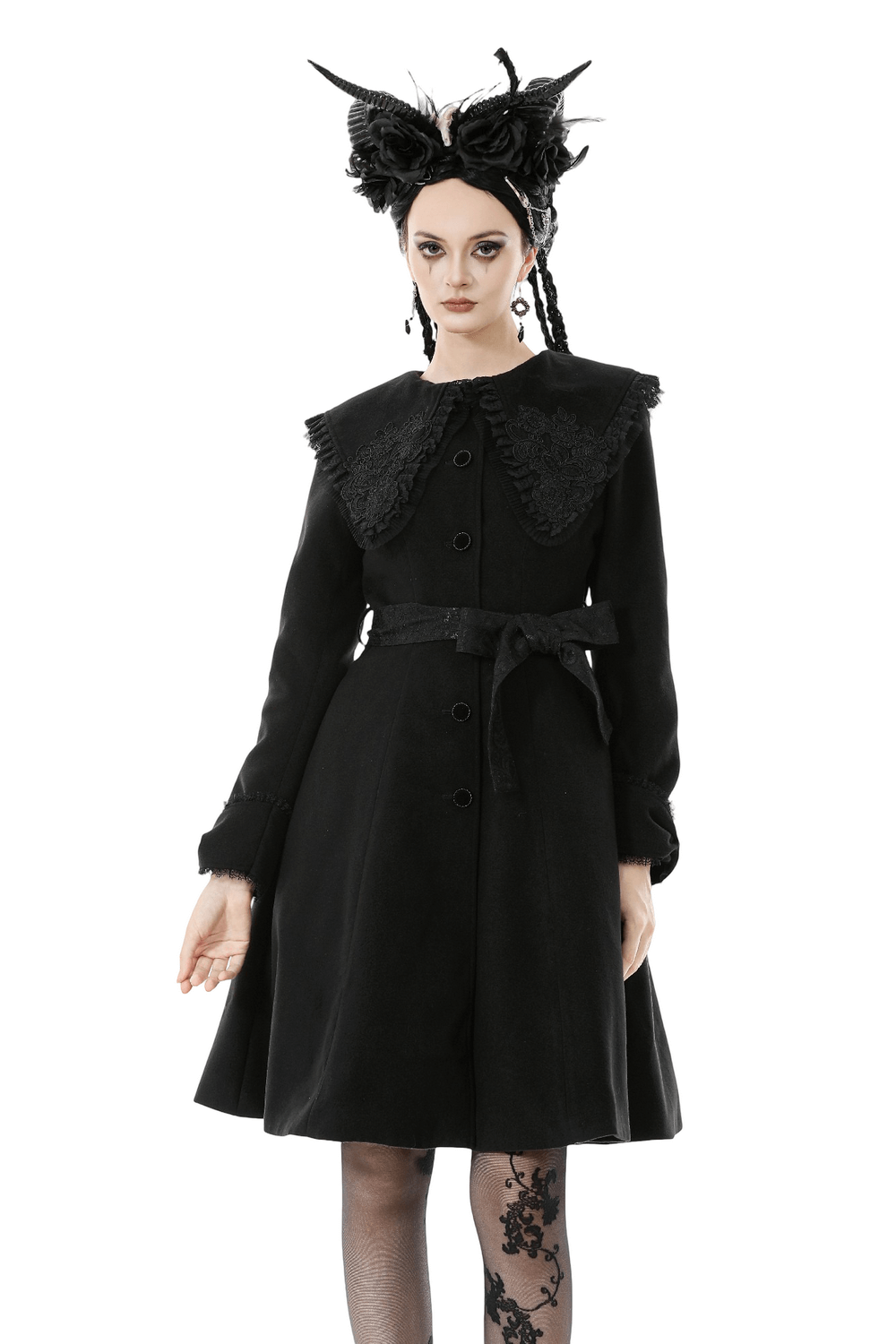 Gothic Black Coat with Lace Collar and Bow Detail worn by model showcasing elegant style and intricate design features.