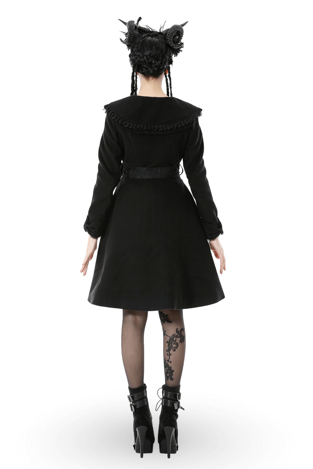 Gothic Black Coat with Lace Collar and Bow Detail worn from the back, showcasing elegant design and romantic details.