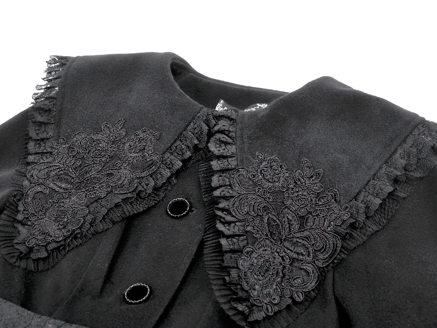 Gothic Black Coat with Lace Collar and Bow Detail featuring intricate lace and ruffled collar design.