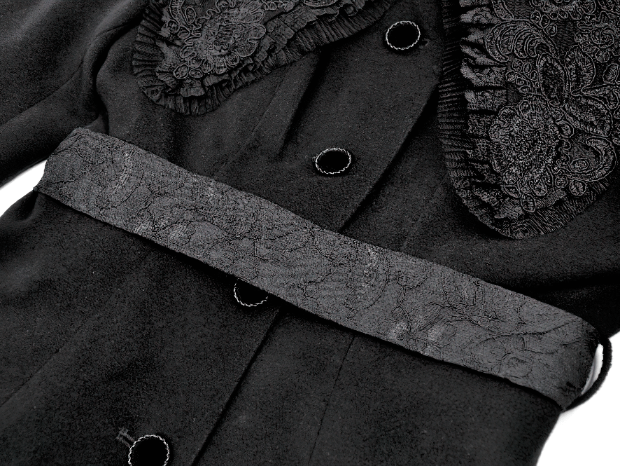 Gothic Black Coat with Lace Collar and Bow Detail featuring embroidered collar and textured waist belt.