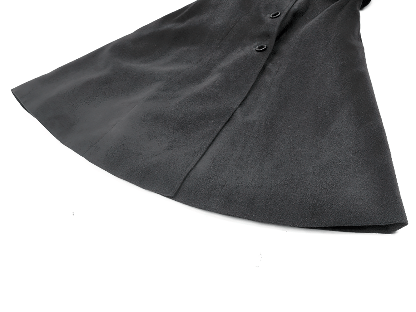 Gothic Black Coat with Lace Collar and Bow Detail, showcasing the elegant flared silhouette and statement buttons.