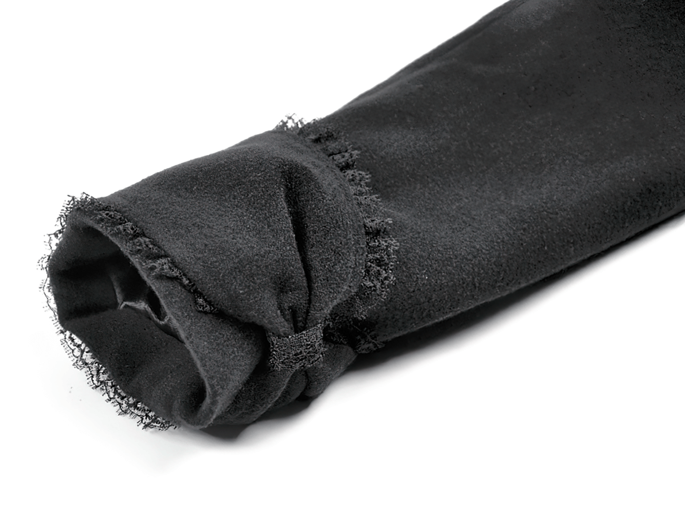 Gothic Black Coat with Lace Collar and Bow Detail sleeve detail showing textured fabric and lace trim.