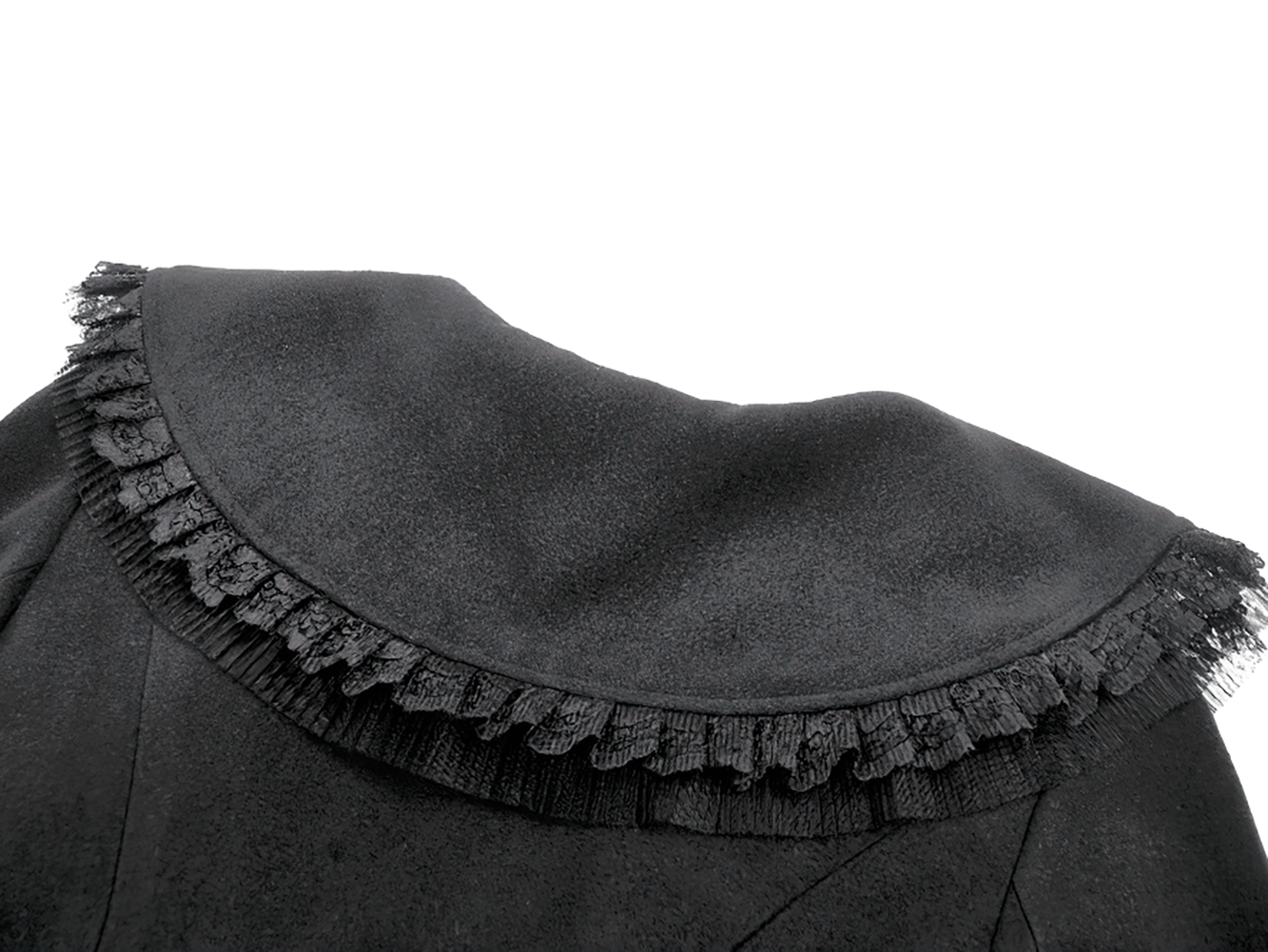 Gothic Black Coat with Lace Collar and Bow Detail featuring intricate lace collar and elegant black fabric.