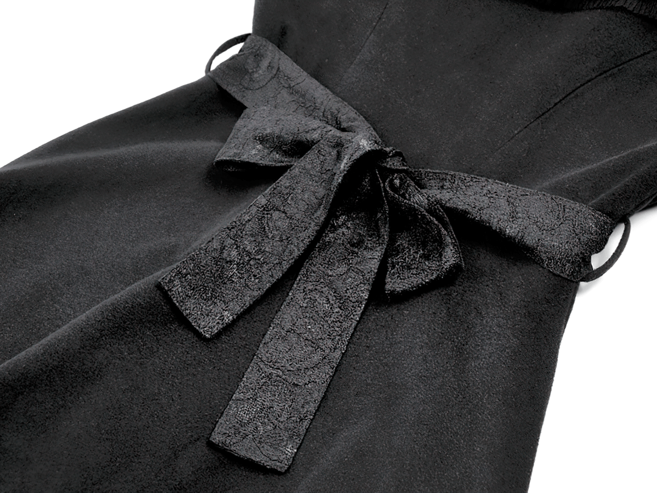 Gothic Black Coat with Lace Collar and Bow Detail showcasing a decorative bow and textured waist belt.
