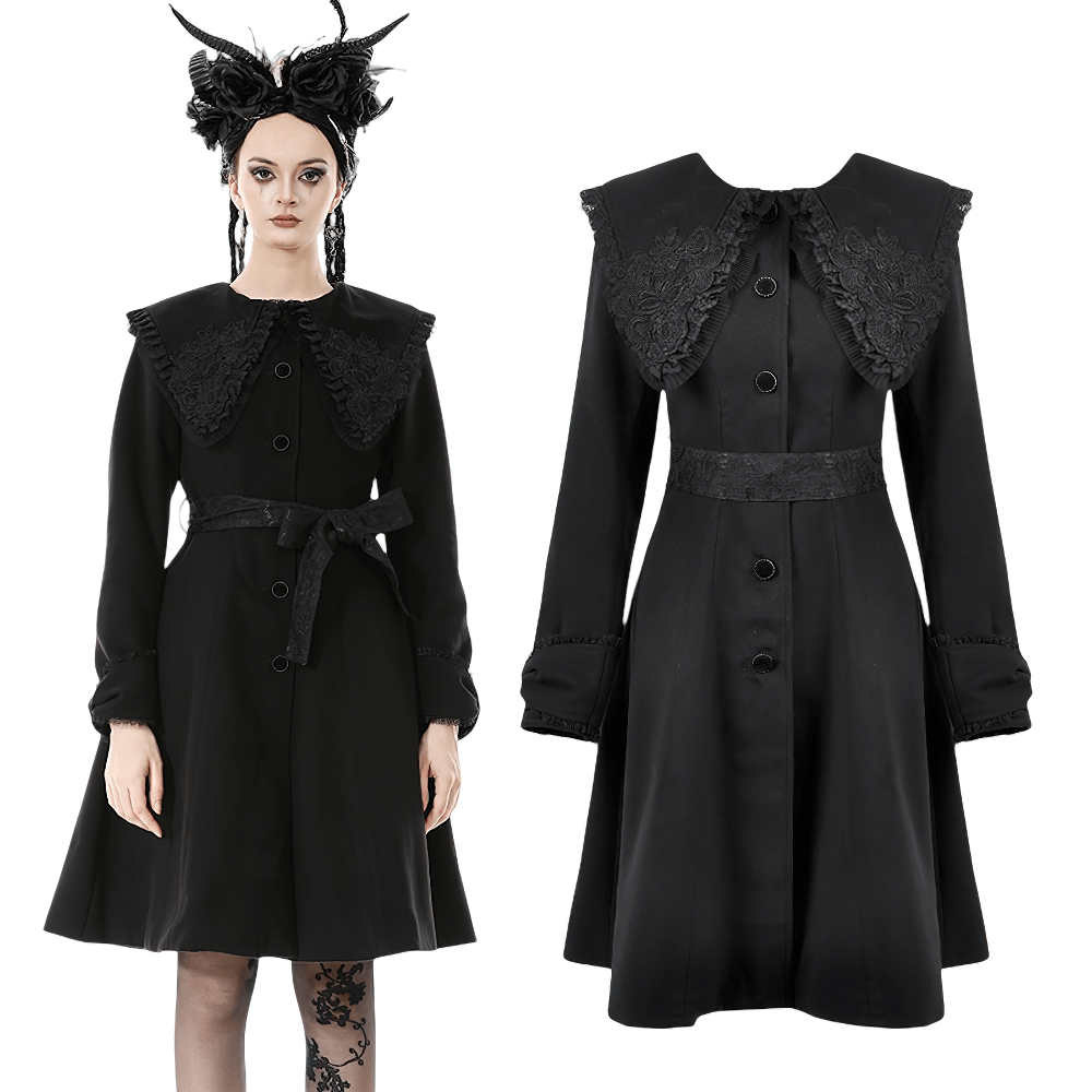 Gothic Black Coat with Lace Collar and Bow Detail showcased on a model, featuring flared silhouette and statement buttons.
