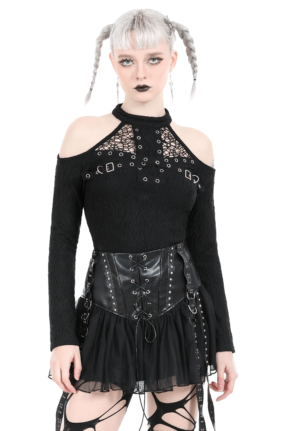 Gothic Black Cold Shoulder Top with Metal Accents