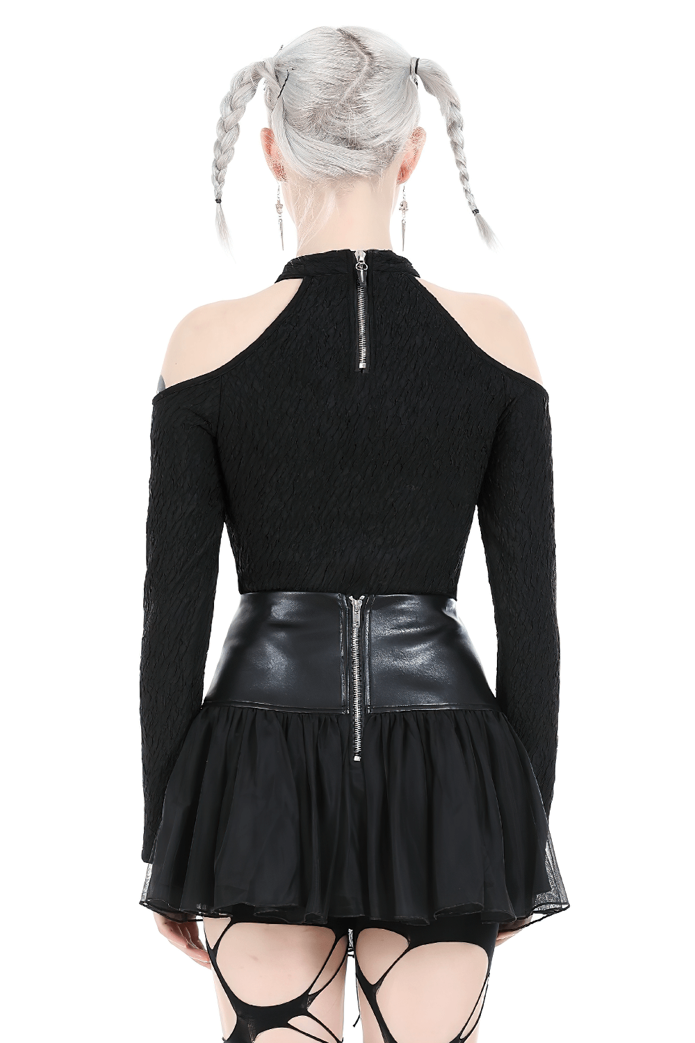 Gothic Black Cold Shoulder Top with Metal Accents