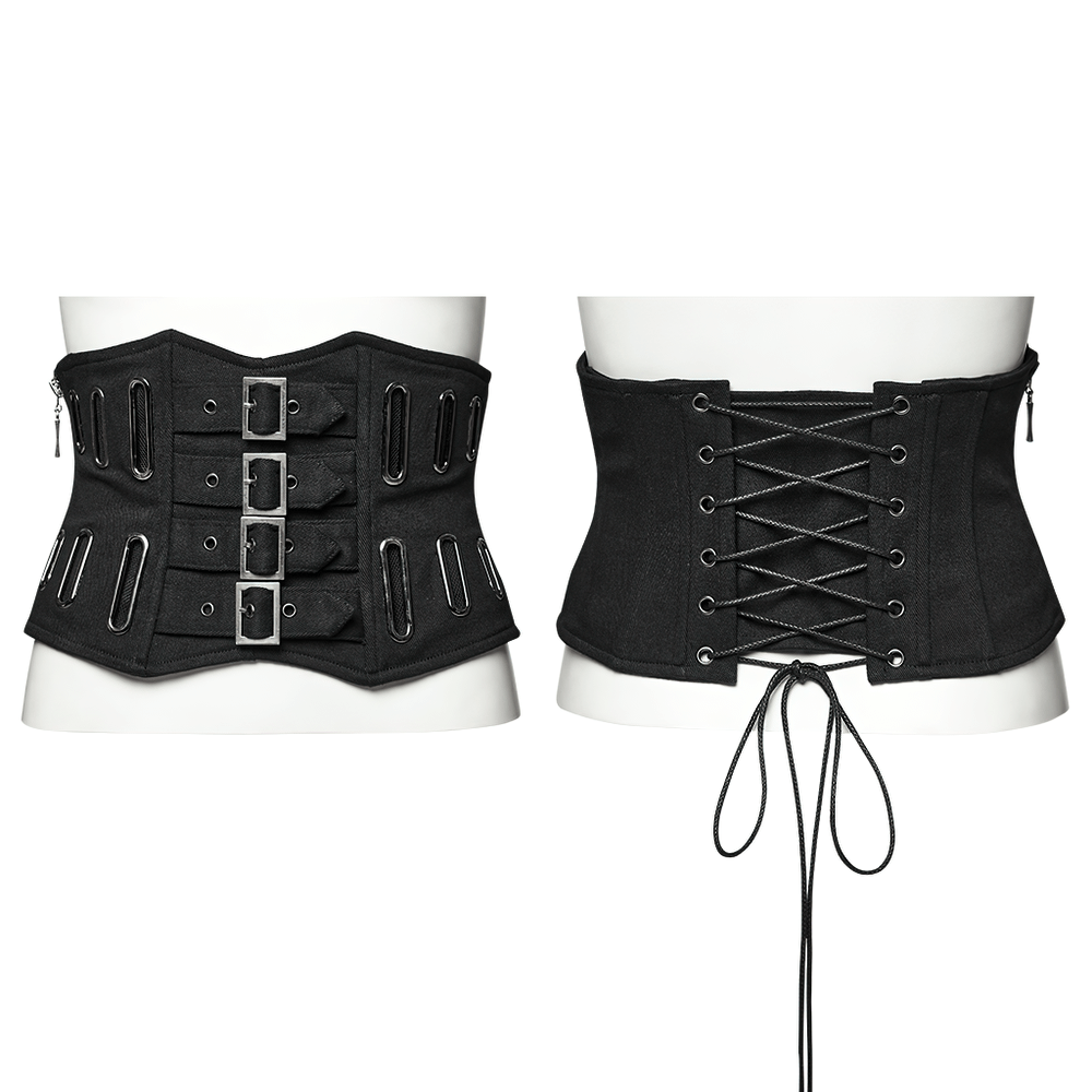 Gothic black corset belt with buckles, oval eyelets, and a lace-up back for a customizable fit.