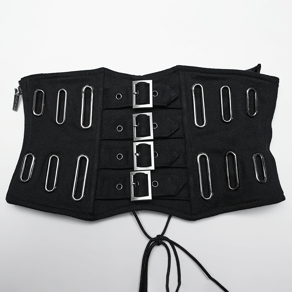 Gothic black corset belt with buckles and lace-up back, featuring oval eyelets and a side zipper for easy wear.