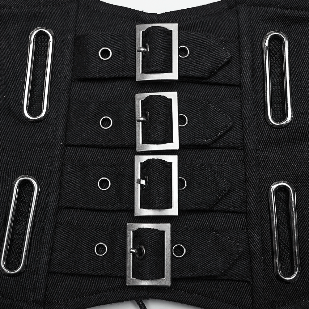 Close-up of a gothic black corset belt featuring front buckles and oval eyelets for a punk style.