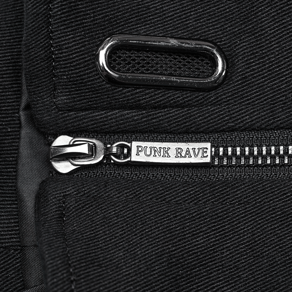 Close-up of a black corset belt featuring a zipper with 'PUNK RAVE' logo and oval eyelets.