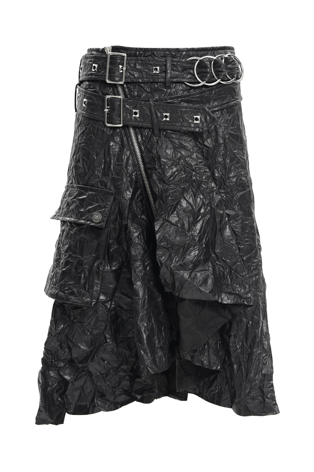 Gothic black crinkled leather kilt with buckles, zippers, and pockets for punk rock style. Bold and edgy fashion statement piece.