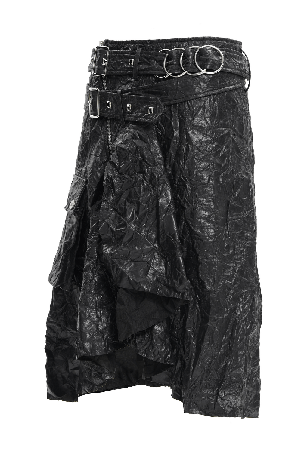 Gothic black crinkled leather kilt with buckles, zipper, and pockets for a punk rock edgy look.