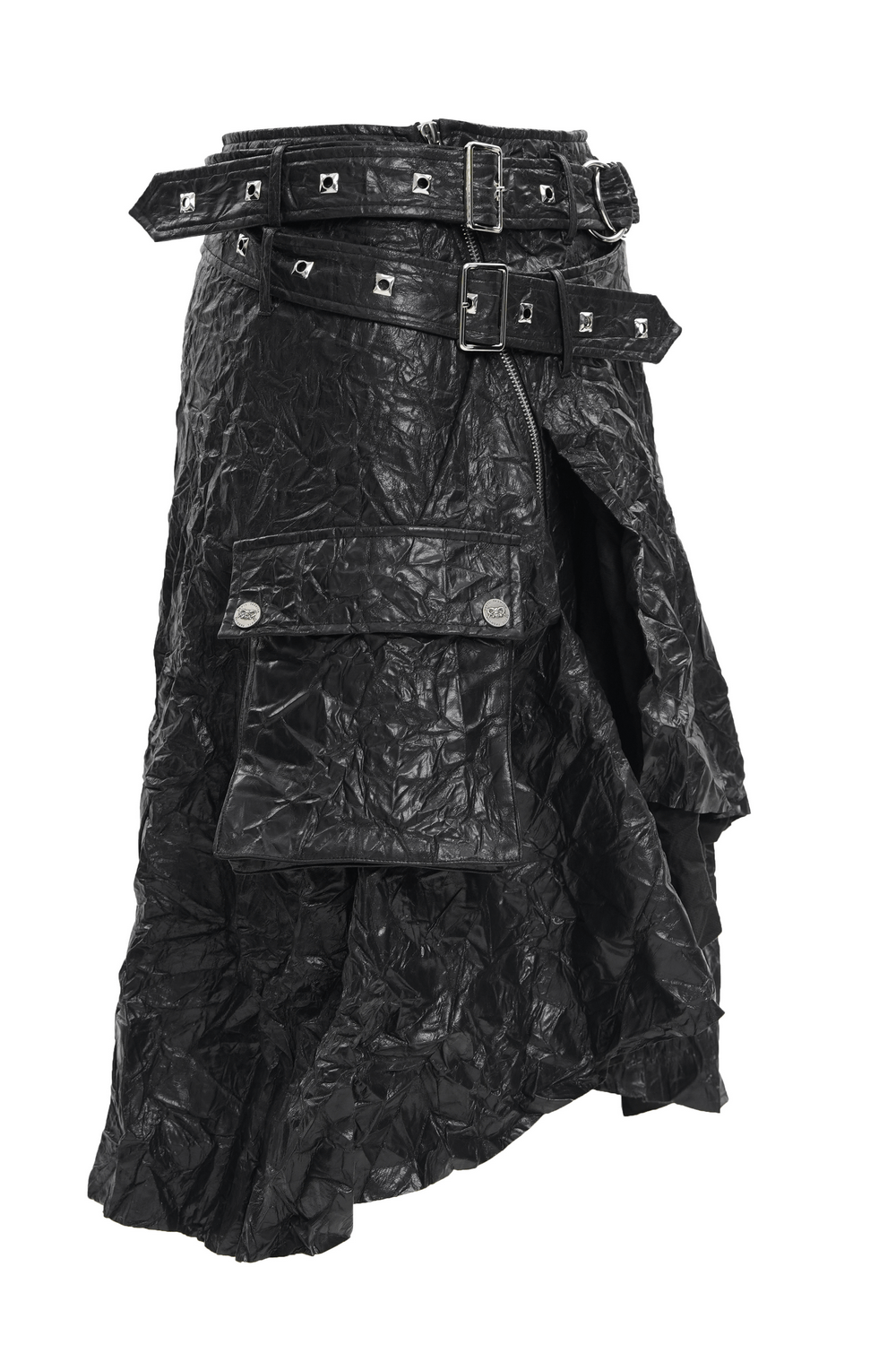 Gothic black crinkled leather kilt with buckles, zipper, and pockets for punk rock fashion. Edgy and distinctive design.